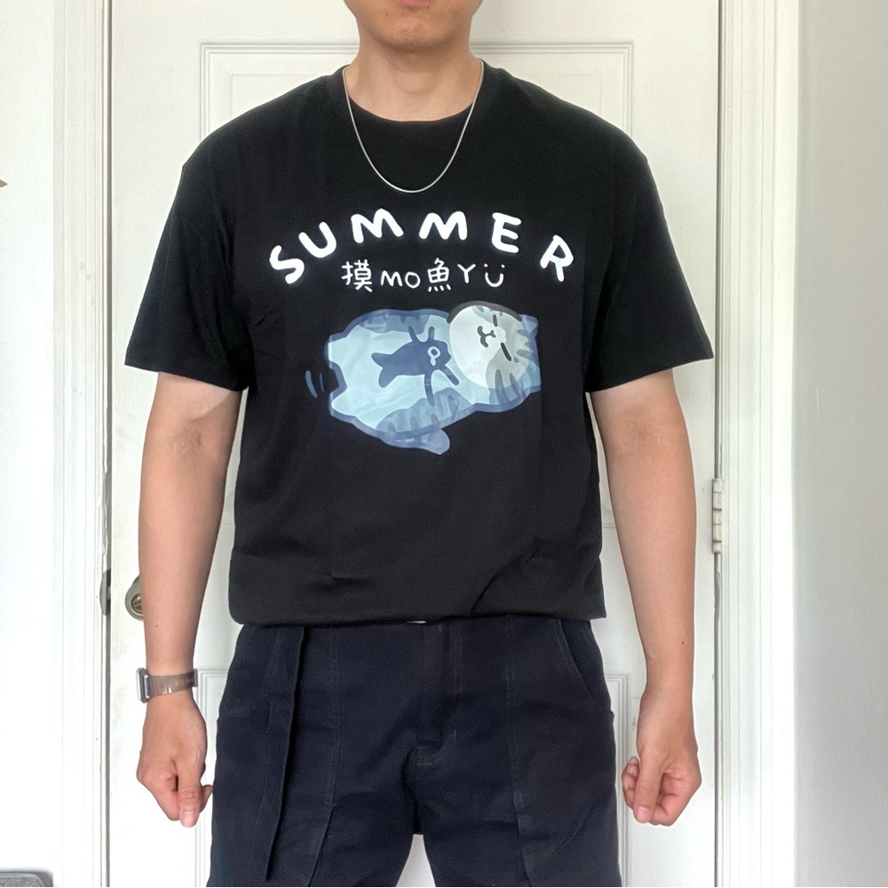 NEW black summer Japanese funny cat streetwear fashion loose T shirt sz M